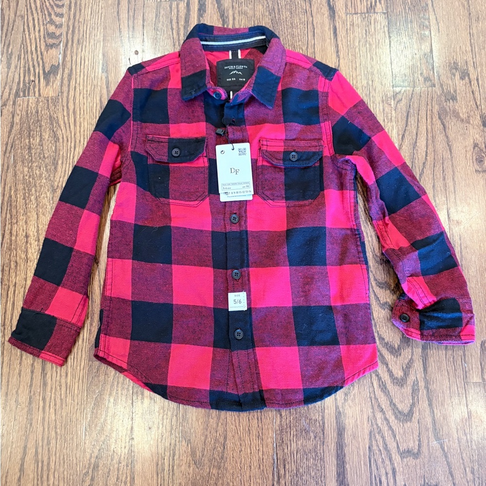 NWT Denim & Flower Ricky Singh Red/ Black Flannel button up shirt Boys‎ size 5/6